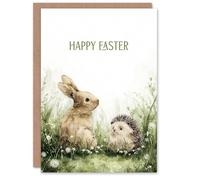 Artery8 Happy Easter Greeting Card - Hedgehog and Rabbit Design, Blank Inside