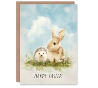 Artery8 Happy Easter Greeting Card - Hedgehog and Bunny Rabbit Design, Blank Inside