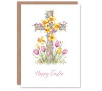 Artery8 Happy Easter Greeting Card - Spring Flower Cross Design, Blank Inside in Pink Artery8 Pink