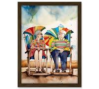 Artery8 Happy Elderly Couple On Summer Beach Chairs Watercolour Painting Artwork Framed A3 Wall Art Print