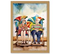 Artery8 Happy Elderly Couple On Summer Beach Chairs Watercolour Painting Artwork Framed A3 Wall Art Print