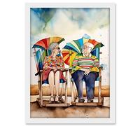Artery8 Happy Elderly Couple On Summer Beach Chairs Watercolour Painting Artwork Framed A3 Wall Art Print