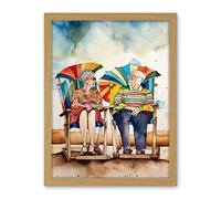 Artery8 Happy Elderly Couple On Summer Beach Chairs Watercolour Painting Artwork Framed Wall Art Print 18X24 Inch
