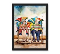 Artery8 Happy Elderly Couple On Summer Beach Chairs Watercolour Painting Artwork Framed Wall Art Print 18X24 Inch