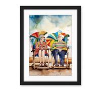 Artery8 Happy Elderly Couple On Summer Beach Chairs Watercolour Painting Artwork Framed Wall Art Print 18X24 Inch