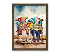 Artery8 Happy Elderly Couple On Summer Beach Chairs Watercolour Painting Artwork Framed Wall Art Print 18X24 Inch