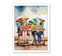 Artery8 Happy Elderly Couple On Summer Beach Chairs Watercolour Painting Artwork Framed Wall Art Print 18X24 Inch