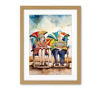 Artery8 Happy Elderly Couple On Summer Beach Chairs Watercolour Painting Artwork Framed Wall Art Print 18X24 Inch
