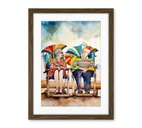 Artery8 Happy Elderly Couple On Summer Beach Chairs Watercolour Painting Artwork Framed Wall Art Print 18X24 Inch