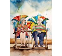 Artery8 Happy Elderly Couple On Summer Beach Chairs Watercolour Painting Extra Large XL Wall Art Poster Print
