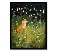 Artery8 Happy Fox In White Flower Meadow At Night Orange Green Wall Art Print - A4 Size