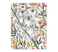 Happy Koala Bear on Blooming Tree Watercolour Wall Art Print Artery8 Multi W24 inch x H32 inch