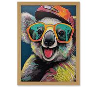 Artery8 Happy Koala Bear Sunglasses and Hat Modern Pop Art Artwork Framed Wall Art Print A4