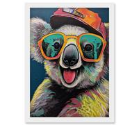 Artery8 Happy Koala Bear Sunglasses and Hat Modern Pop Art Artwork Framed Wall Art Print A4