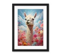 Artery8 Happy Llama Peeking Head Over Pink Flowers Bright Colourful Artwork Kids Bedroom Dreamy Spring Meadow Artwork Framed Wall Art Print 18X24 Inch