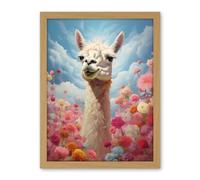 Artery8 Happy Llama Peeking Head Over Pink Flowers Bright Colourful Artwork Kids Bedroom Dreamy Spring Meadow Artwork Framed Wall Art Print 18X24 Inch