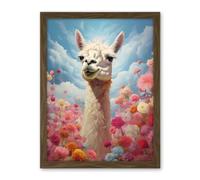 Artery8 Happy Llama Peeking Head Over Pink Flowers Bright Colourful Artwork Kids Bedroom Dreamy Spring Meadow Artwork Framed Wall Art Print 18X24 Inch