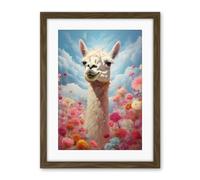 Artery8 Happy Llama Peeking Head Over Pink Flowers Bright Colourful Artwork Kids Bedroom Dreamy Spring Meadow Artwork Framed Wall Art Print 18X24 Inch