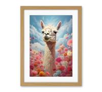 Artery8 Happy Llama Peeking Head Over Pink Flowers Bright Colourful Artwork Kids Bedroom Dreamy Spring Meadow Artwork Framed Wall Art Print 18X24 Inch