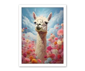 Artery8 Happy Llama Peeking Head Over Pink Flowers Bright Colourful Artwork Kids Bedroom Dreamy Spring Meadow Artwork Framed Wall Art Print 18X24 Inch