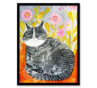 Happy Maine Coon with Flowers Cat Lover Folk Art Framed Wall Art Artery8 Multi A4