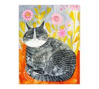 Artery8 Happy Maine Coon with Flowers Cat Lover Folk Art Nursery Kids Bedroom Large Wall Art Poster Print Thick Paper 18X24 Inch