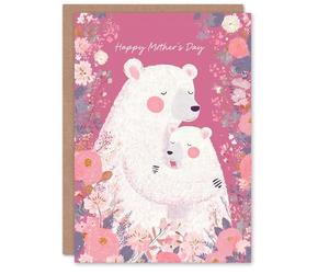 Artery8 Happy Mother's Day Card For Mum With Soft Floral Polar Bears Pink Cute From Son or Daughter Blank Inside