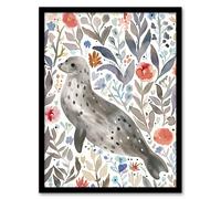 Artery8 Happy Seal with Coastal Wildflowers Watercolour Framed Wall Art in Grey | Size: W12" x H16" Artery8 Grey W12" x H16"