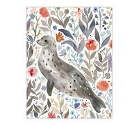 Artery8 Happy Seal with Coastal Wildflowers Watercolour Wall Art Print in Grey | Size: W12" x H16" Artery8 Grey W12" x H16"