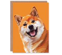 Artery8 Greeting Card Happy Shiba Inu Dog Lover Pet Portrait Orange Blank For Him Or Her Art Birthday Card
