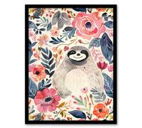 Artery8 Happy Sloth Smiling Pink Anemone Floral Pattern Framed Wall Art | Size: W12" x H16" Artery8 Multicolor W12" x H16"