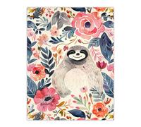Artery8 Happy Sloth Smiling Pink Anemone Floral Pattern Wall Art Print | Size: W24" x H32" Artery8 Multicolor W24" x H32"