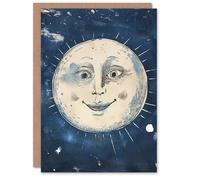 Artery8 Happy Smiling Face Full Moon Vintage Style Blank For Him Or Her Art Birthday Card