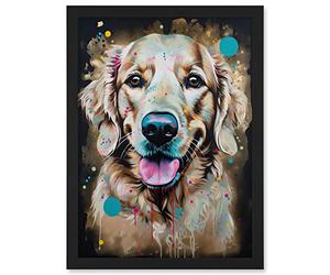 Artery8 Happy Smiling Golden Retriever Dog Portrait Artwork Framed A3 Wall Art Print