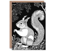 Artery8 Happy Squirrel in Trees Black and White Drawing Greeting Birthday Card Him Her All Blank