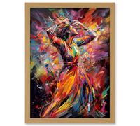 Happy Woman Dancing to Music Modern Vibrant Colour Artwork Framed Wall Art Print A4 Artery8 Light Oak One Size