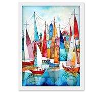 Artery8 Harbour Boats Abstract Folk Art Watercolour Painting Artwork Framed A3 Wall Art Print