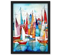 Artery8 Harbour Boats Abstract Folk Art Watercolour Painting Artwork Framed A3 Wall Art Print