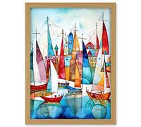 Artery8 Harbour Boats Abstract Folk Art Watercolour Painting Artwork Framed A3 Wall Art Print