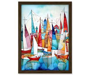 Artery8 Harbour Boats Abstract Folk Art Watercolour Painting Artwork Framed A3 Wall Art Print