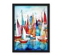 Artery8 Harbour Boats Abstract Folk Art Watercolour Painting Artwork Framed Wall Art Print 18X24 Inch
