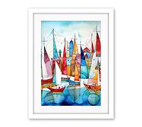 Artery8 Harbour Boats Abstract Folk Art Watercolour Painting Artwork Framed Wall Art Print 18X24 Inch