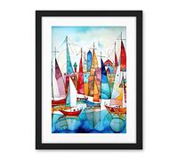 Artery8 Harbour Boats Abstract Folk Art Watercolour Painting Artwork Framed Wall Art Print 18X24 Inch