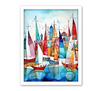 Artery8 Harbour Boats Abstract Folk Art Watercolour Painting Artwork Framed Wall Art Print 18X24 Inch