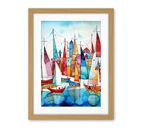 Artery8 Harbour Boats Abstract Folk Art Watercolour Painting Artwork Framed Wall Art Print 18X24 Inch