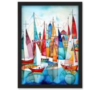 Artery8 Harbour Boats Abstract Folk Art Watercolour Painting Artwork Framed Wall Art Print A4 in Black Artery8 Black