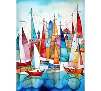 Artery8 Harbour Boats Abstract Folk Art Watercolour Painting Extra Large XL Wall Art Poster Print