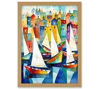 Artery8 Harbour Boats Folk Art Watercolour Painting Artwork Framed A3 Wall Art Print