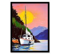Artery8 Harbour Sunset Docked Sailboat Coastal Landscape Framed Art Print | Size: W12" x H16" Artery8 Multicolor W12" x H16"