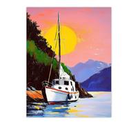 Artery8 Harbour Sunset Docked Sailboat Coastal Landscape Wall Art Print | Size: W12" x H16" Artery8 Multicolor W12" x H16"